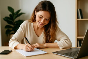 academia-ingles-sabadell-chica-escribiendo-sonriendo