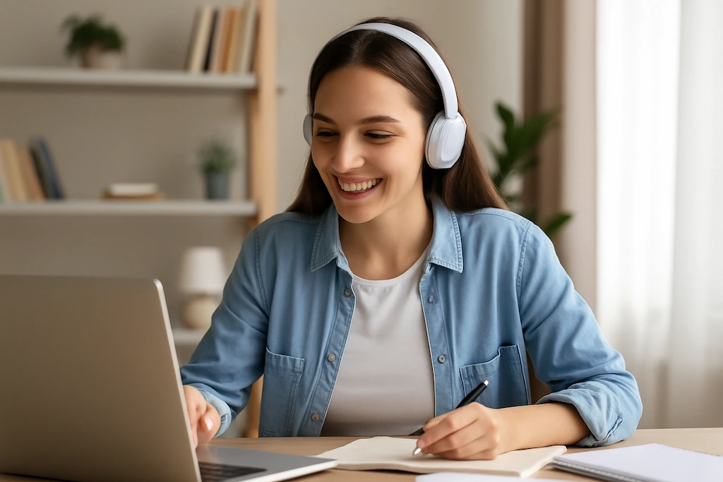 academia-ingles-sabadell-chica-cascos-sonrie