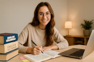 academia-ingles-sabadell-chica-sonriendo-escribiendo