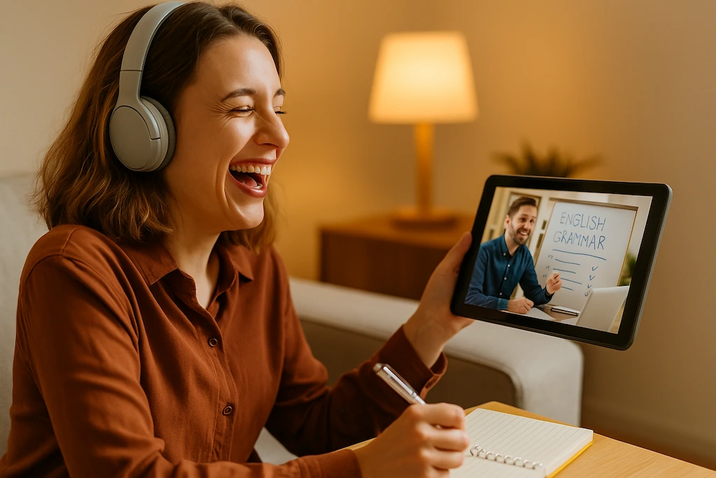 academia-ingles-sabadell-mujer-sonrie-tableta-online