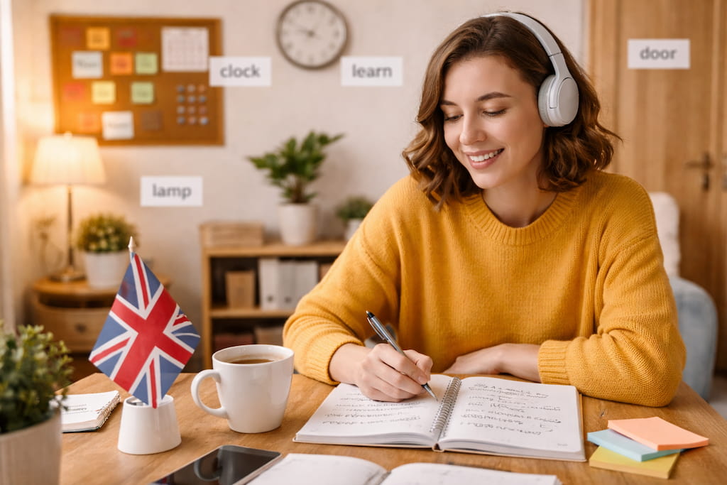 academia-ingles-sabadell-chica-apuntes-libreta-boli-cascos-cafe