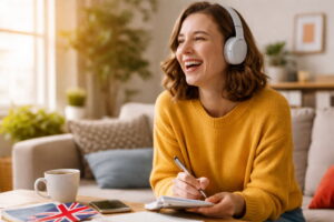 academia-ingles-sabadell-chica-sonriendo-cascos-estudiar