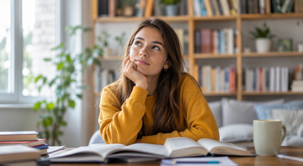 acadèmia-anglès-sabadell-jove-pensativa-llibres-tassa