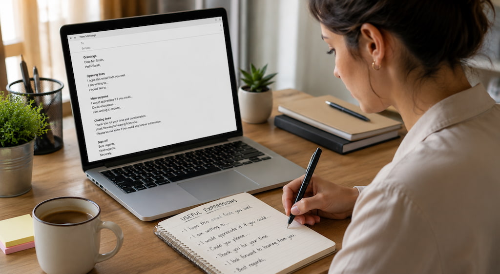 academia-ingles-sabadell-mujer-escritorio-escribiendo-pc-cafe
