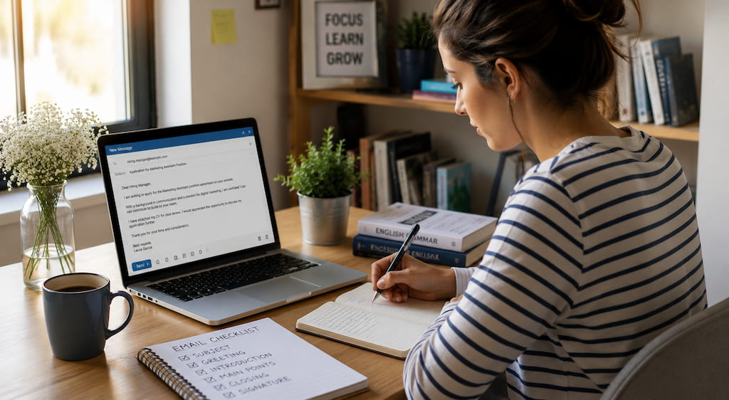 academia-ingles-sabadell-mujer-escritorio-escribiendo-pc-libreta-libros