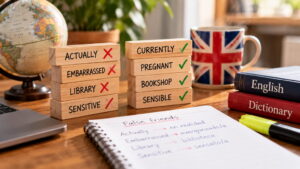 Bloques de madera con false friends en inglés como actually y embarrassed junto a una libreta con sus traducciones