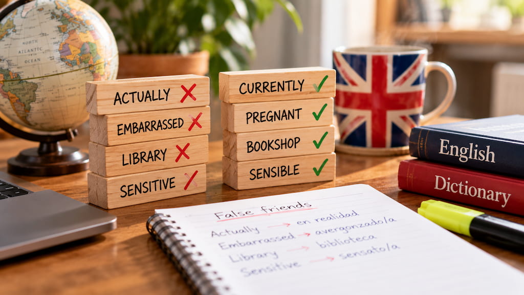 Bloques de madera con false friends en inglés como actually y embarrassed junto a una libreta con sus traducciones