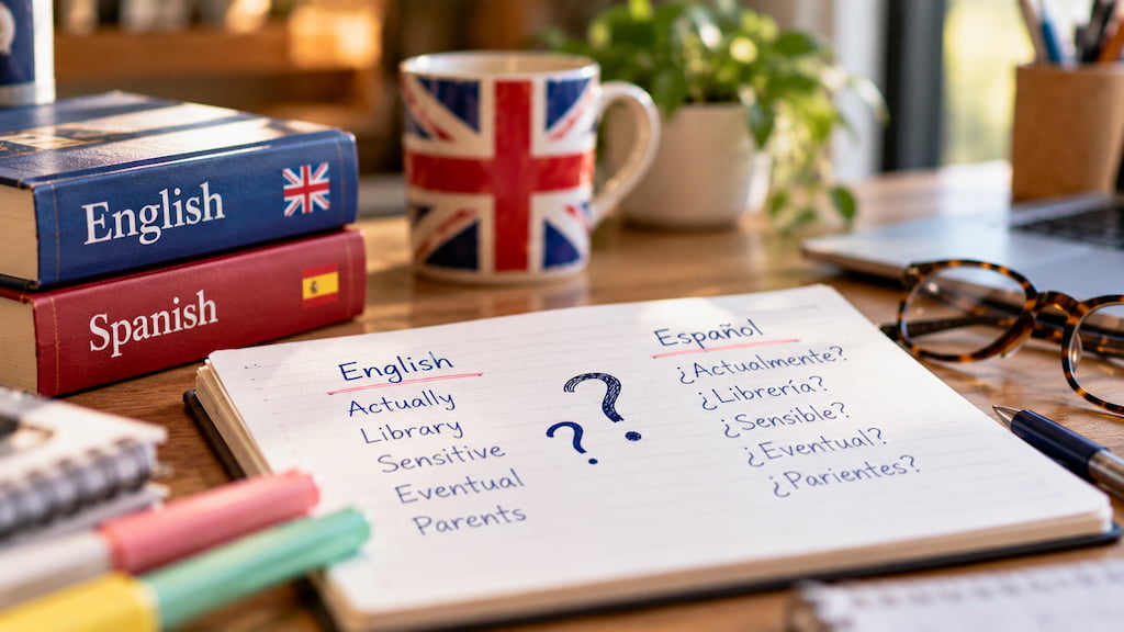 Libreta con palabras en inglés y en español y signos de interrogación sobre los falsos amigos, junto a libros y una taza