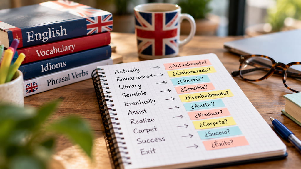 Libreta con falsos amigos como actually, library o carpet y la palabra española con la que se confunden, junto a una taza y libros de inglés