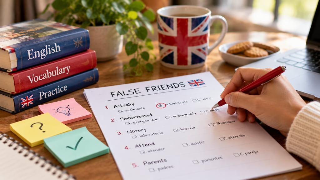 Mano completando un test de false friends con un bolígrafo junto a una taza, galletas y libros de inglés